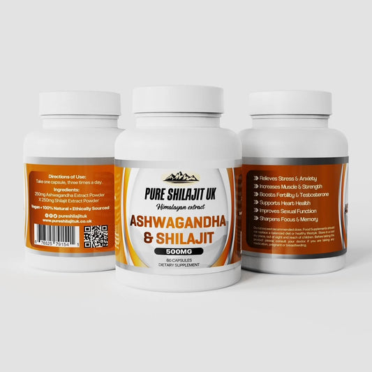 Pure Shilajit UK Ashwagandha & Shilajit Extract Capsules - Premium Ayurvedic Supplement for Stress Relief, Energy Boost, and Wellness Support - Organic and Vegan Capsules