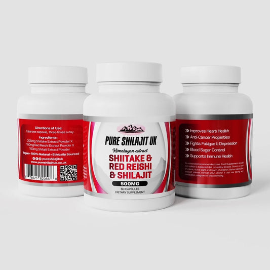 Pure Shilajit UK Red Reishi & Shiitake & Shilajit Extract Capsules - Premium Ayurvedic Supplement for Stress Relief, Energy Boost, and Wellness Support - Organic and Vegan Capsules